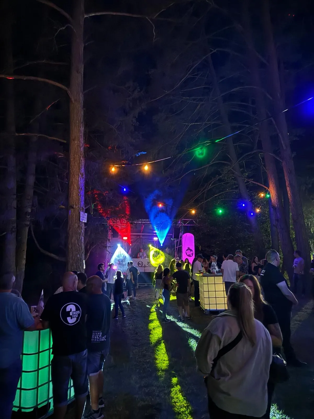 Lichter und Bühne zwischen den Bäumen beim 3 Tages Fest